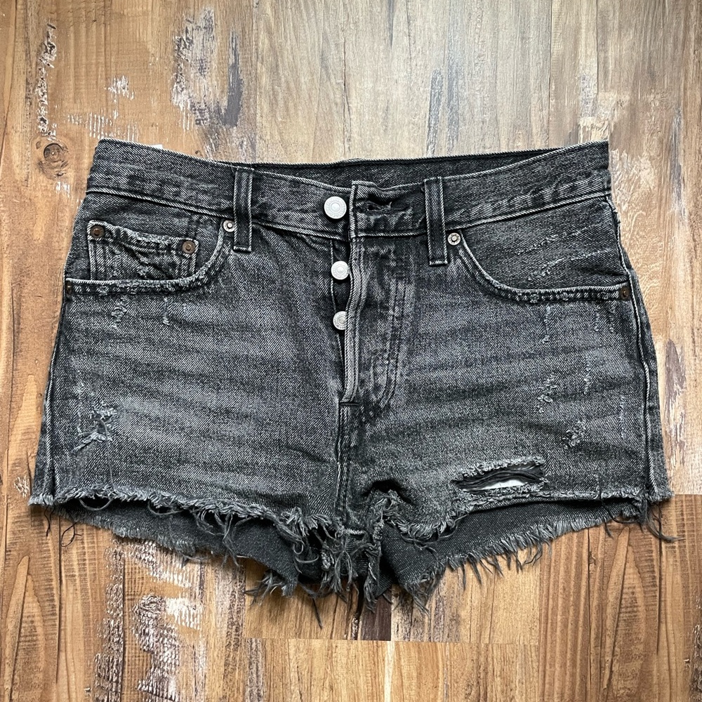 Distressed Black Denim Shorts